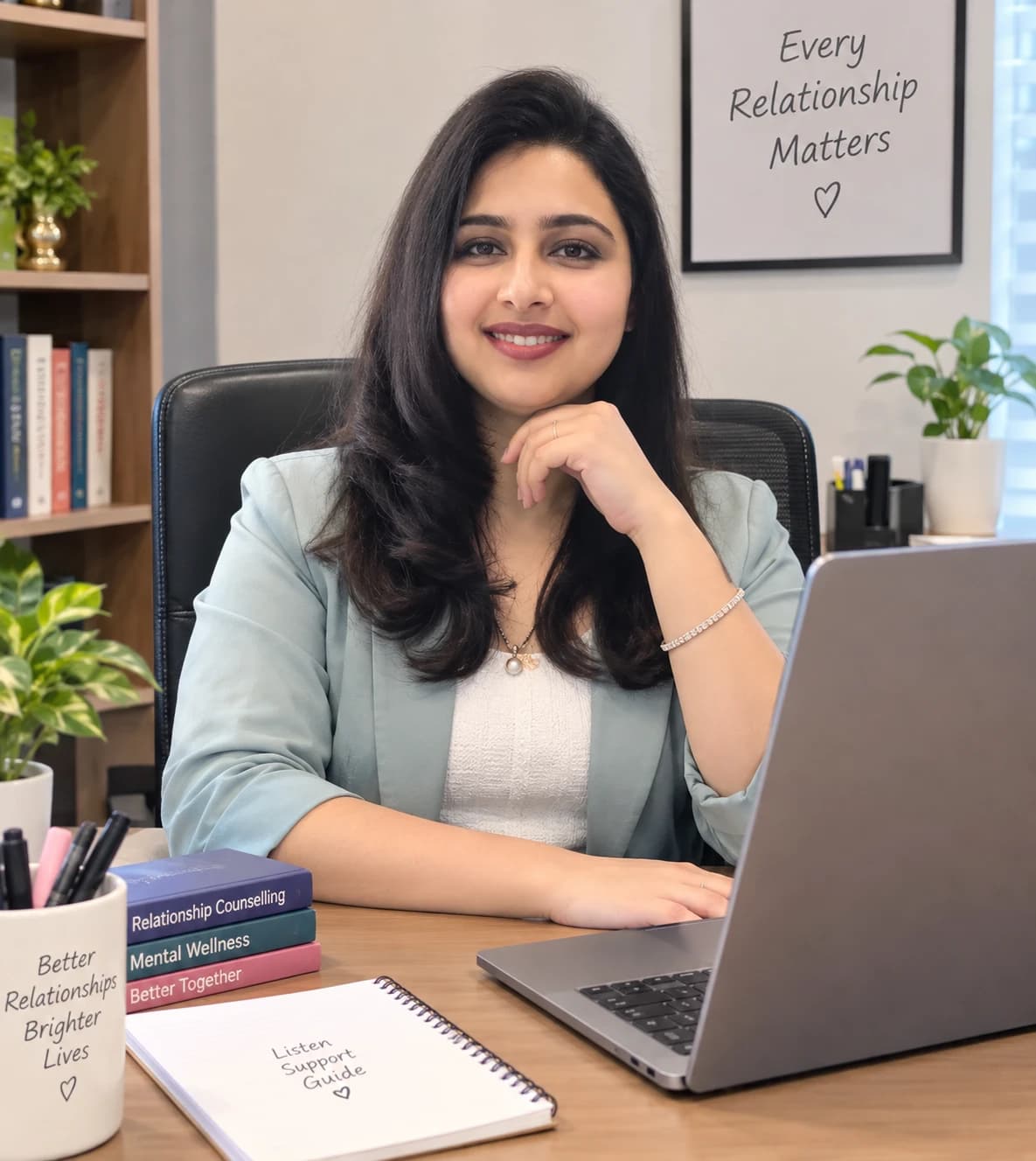 Aarti, founder of byAarti, smiling at her desk in her office