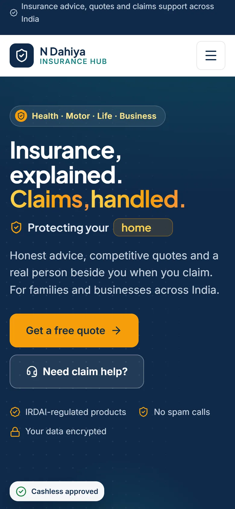 N Dahiya Insurance Hub website on a phone